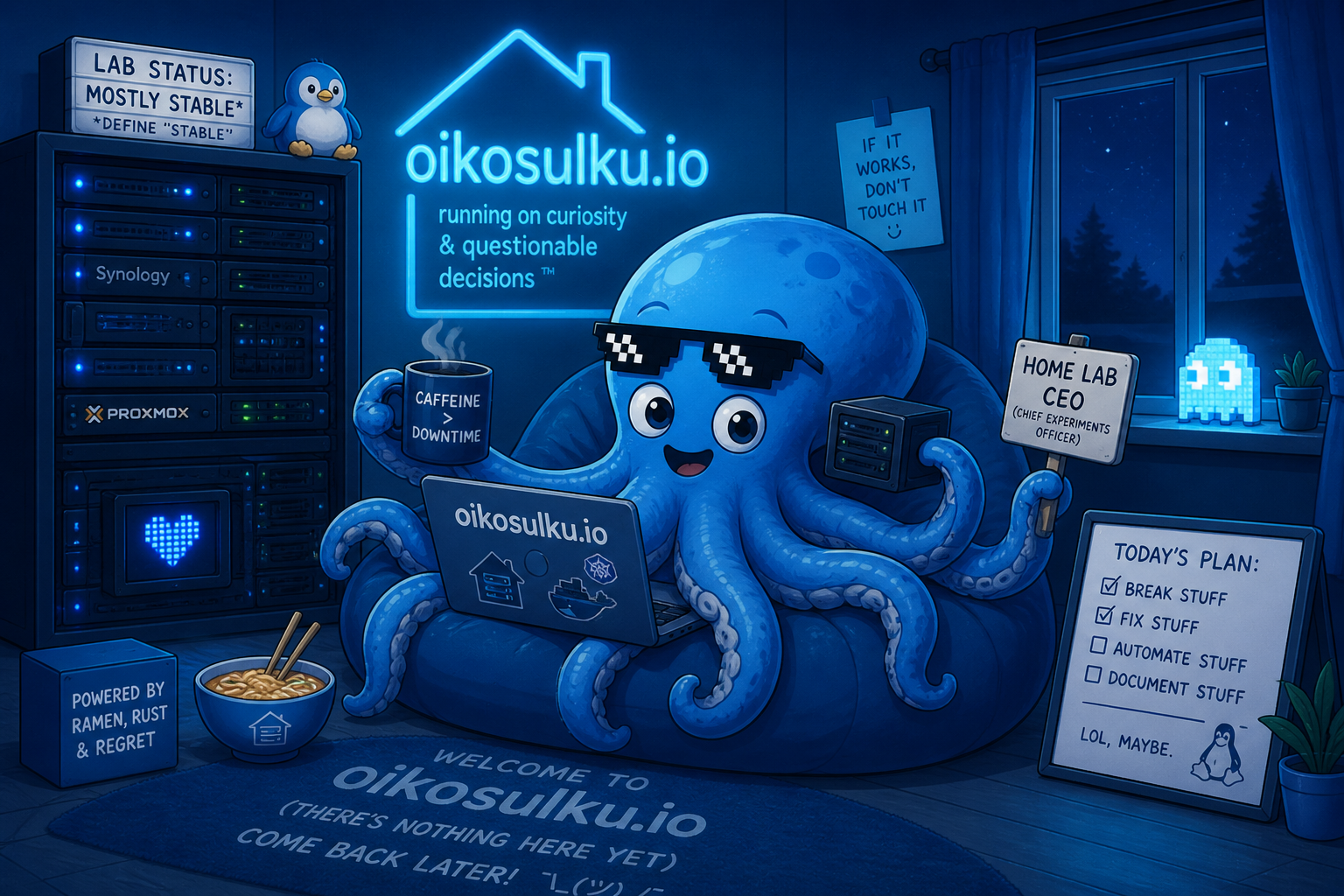 A funny blue cartoon homelab scene with an octopus sysadmin, server racks, and oikosulku.io signage.